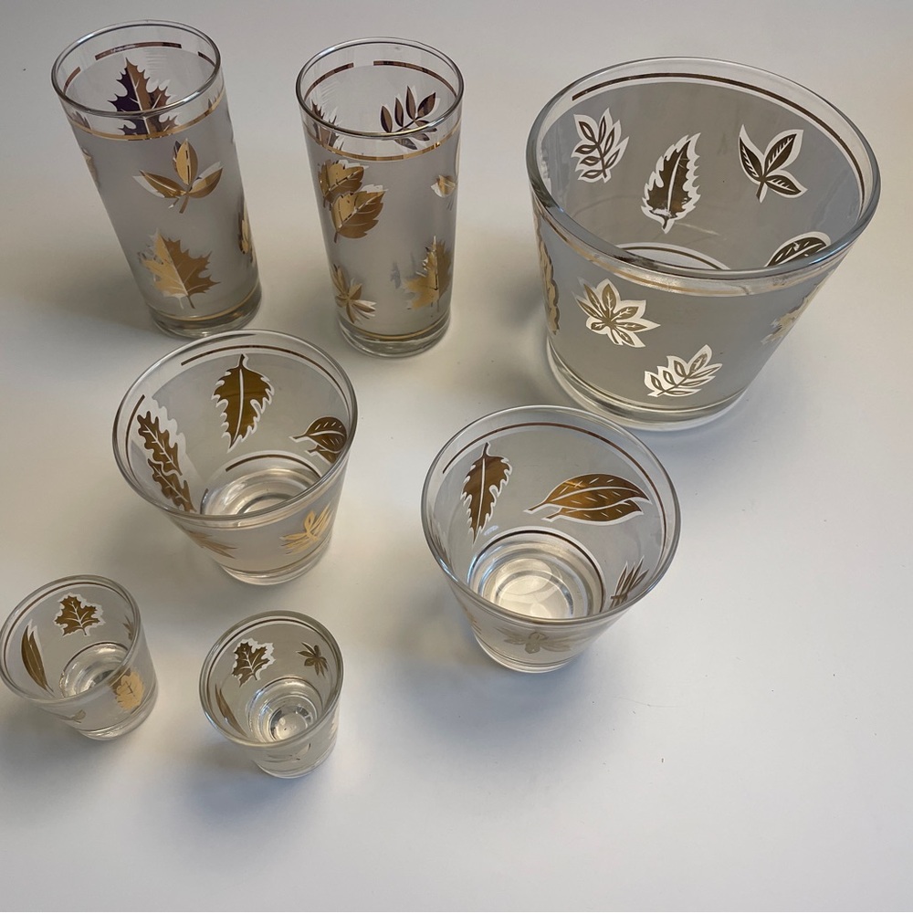 Vintage Libbey Golden Foliage Glassware Set MCM Gold Leaf Ice Bucket 7pc